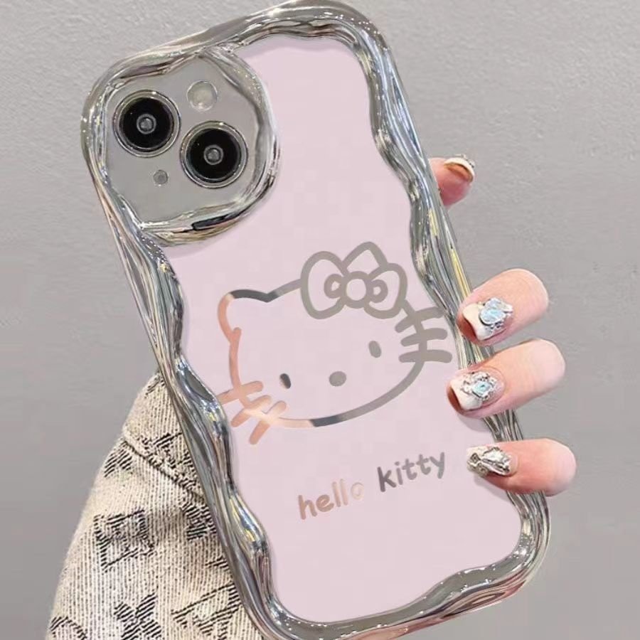 Hello Cute Kitty KT Cat Bracelet Drop-proof Electroplating Silver Curved Edge For iPhone 13 15 14 promax 12 11 XR Phone Case