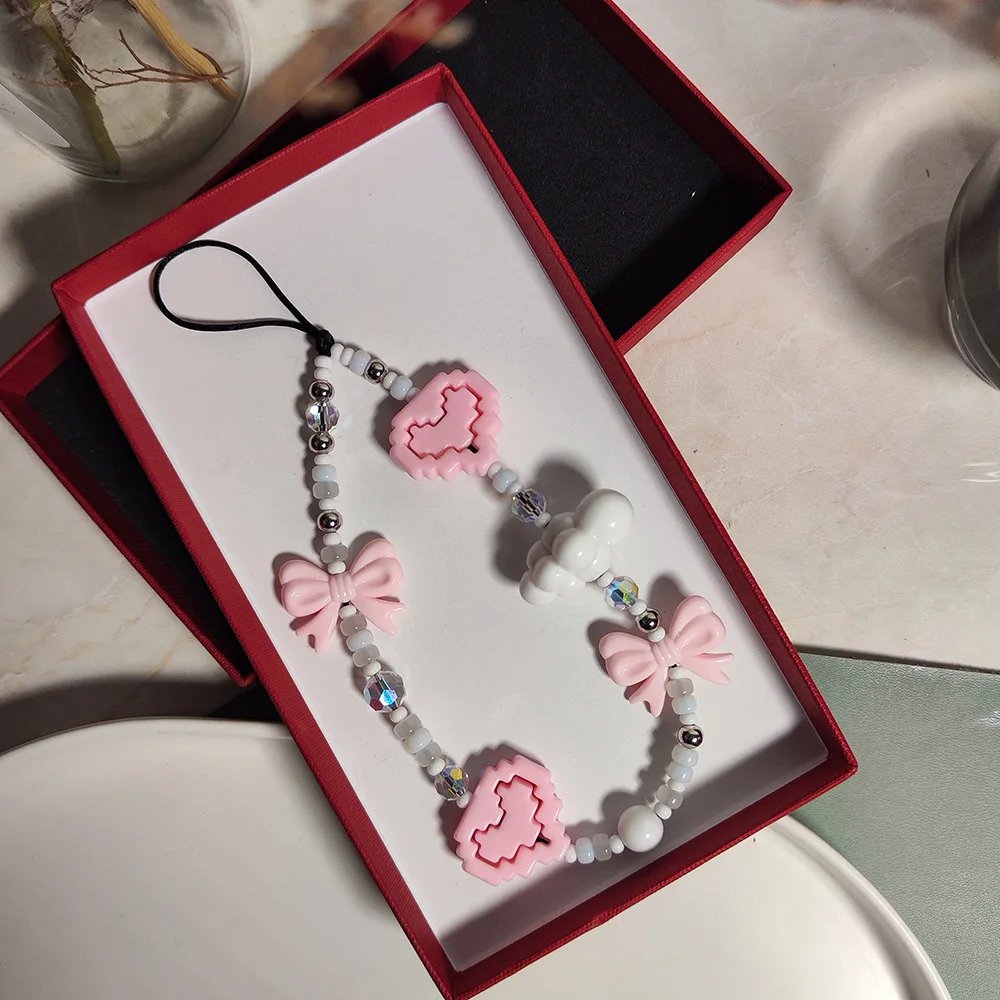 Lovely Heart Bowknot Phone Chains for Women Pink Black Building Blocks Heart Acrylic Bow Beaded Mobile Phone Charms Strap