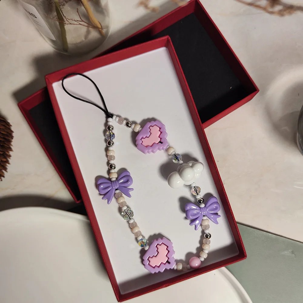 Lovely Heart Bowknot Phone Chains for Women Pink Black Building Blocks Heart Acrylic Bow Beaded Mobile Phone Charms Strap