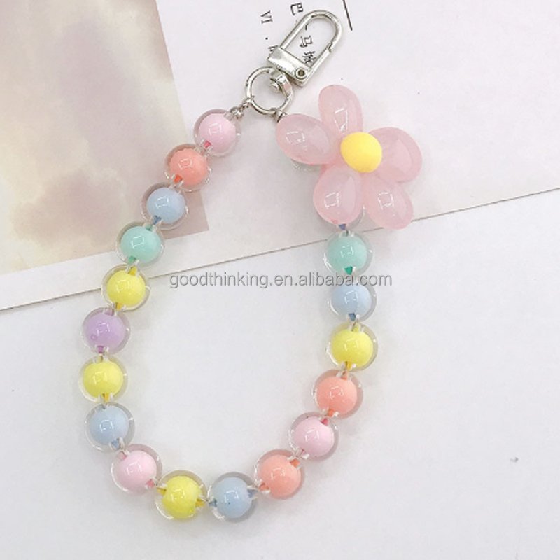 Fashion mobile holder portable Acrylic factory wholesale phone wrist strap lanyard crystal beads mobile phone chain