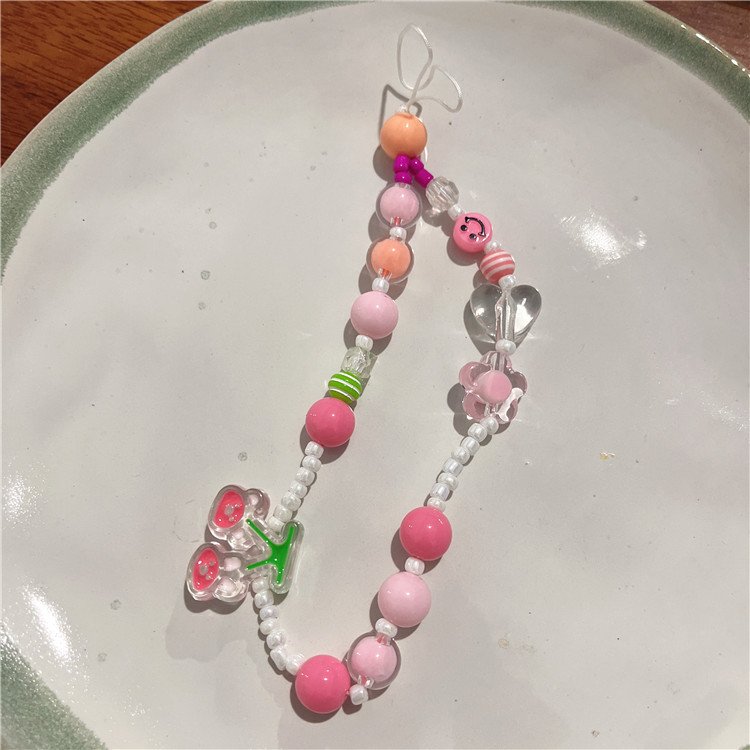 custom Handmade Candy Color Pink Heart Bow Heart DIY Mobile phone Strap Bead mobile phone chain for women girls
