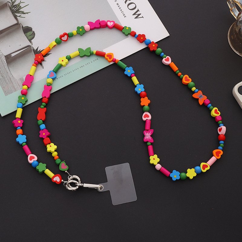 Trendy Cute Plastic Rubber Colorful Beads Neck Strap Crossbody Cell Mobile Phone Chain Strap Lanyard Keychain Phone Tether Patch