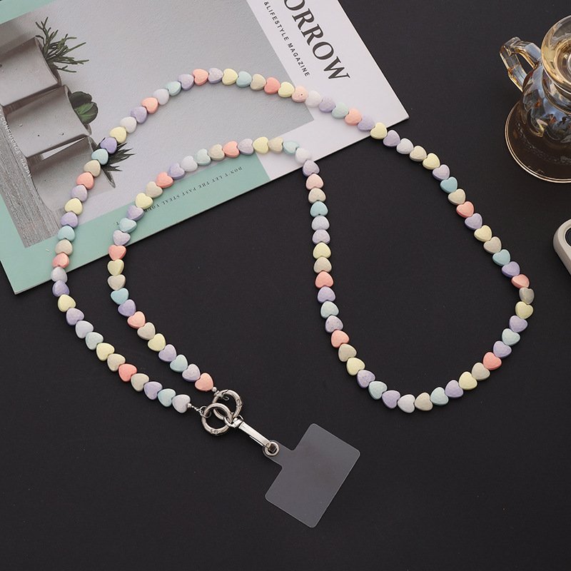 Trendy Cute Plastic Rubber Colorful Beads Neck Strap Crossbody Cell Mobile Phone Chain Strap Lanyard Keychain Phone Tether Patch