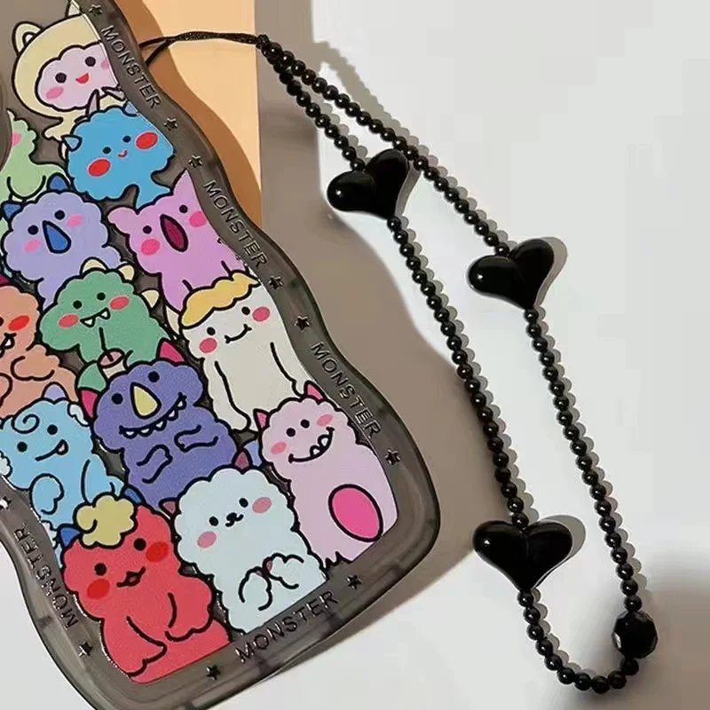 Black White Heart Phone String Acrylic Beaded Wristlet Strap for Mobile Phones Women Girls Hanging Anti-lost Lanyard Y2K Jewelry