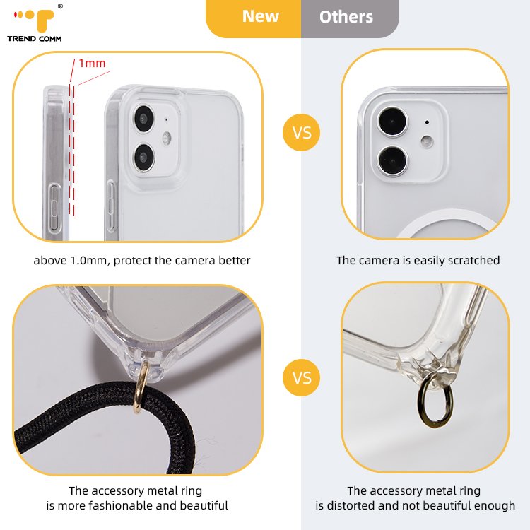 2024 For iPhone 11 12 13 14 15 Stock Wholesale Cellphone Strap Phone Holder Anti Fall Transparent Case With Camera Protection