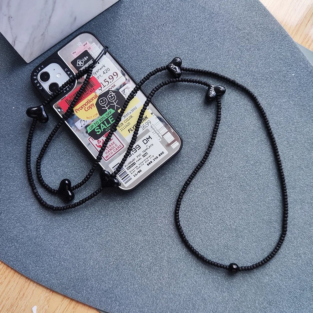 2023 New Black Beads Phone Chain Y2K Accessories Heart Charm Mobile Lanyard Long String Cell Phones