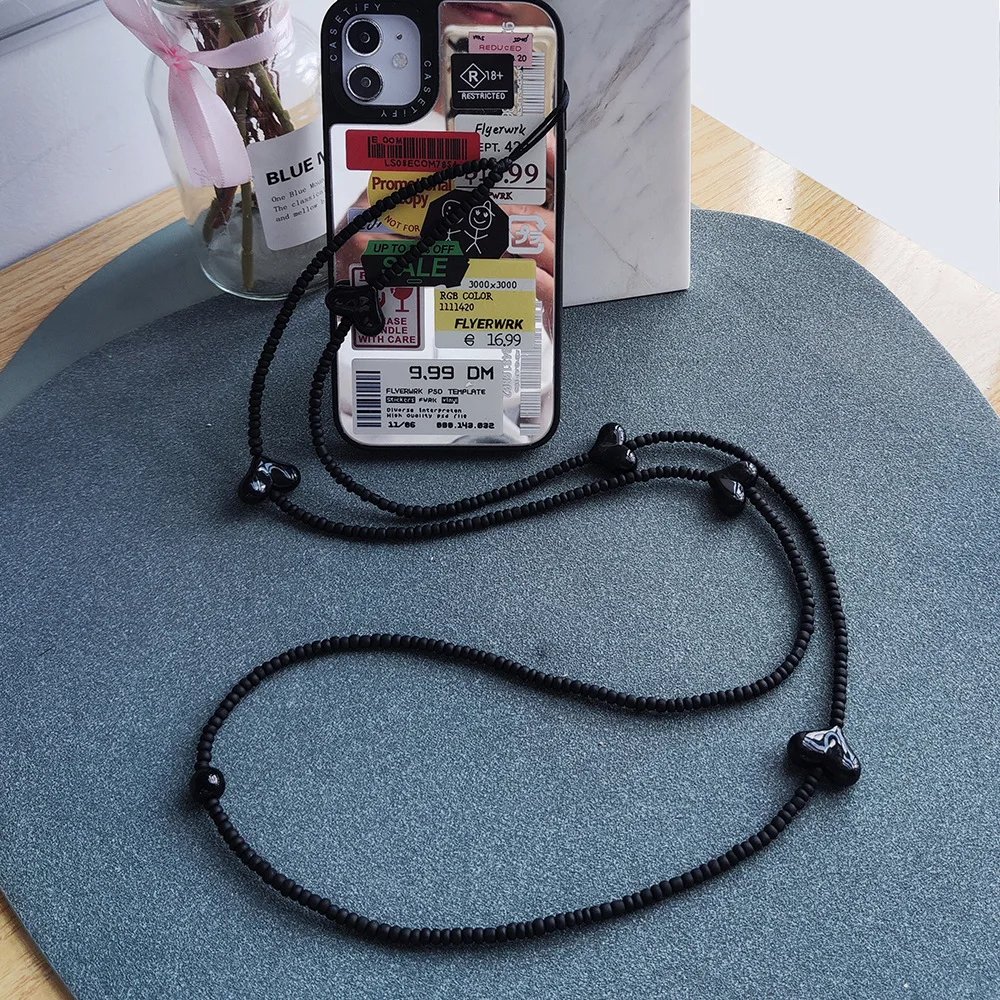 2023 New Black Beads Phone Chain Y2K Accessories Heart Charm Mobile Lanyard Long String Cell Phones