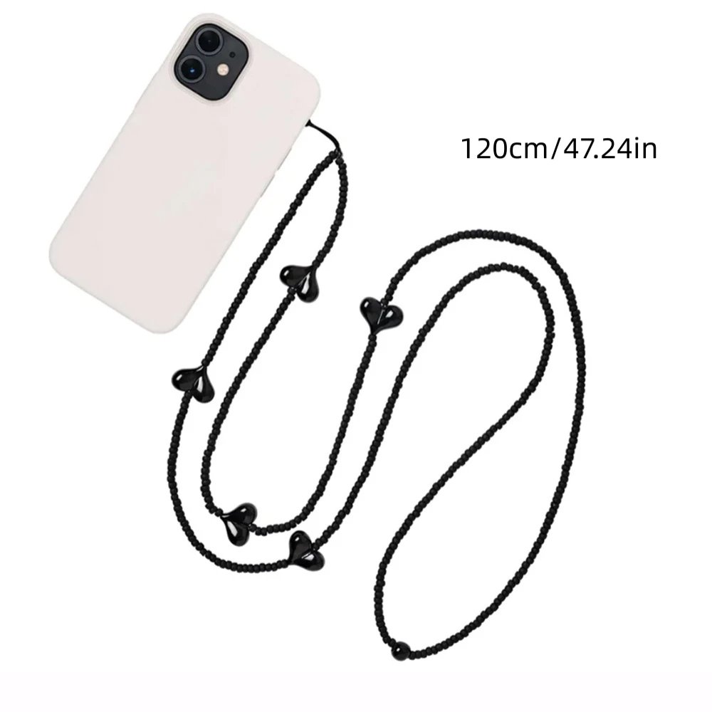 2023 New Black Beads Phone Chain Y2K Accessories Heart Charm Mobile Lanyard Long String Cell Phones