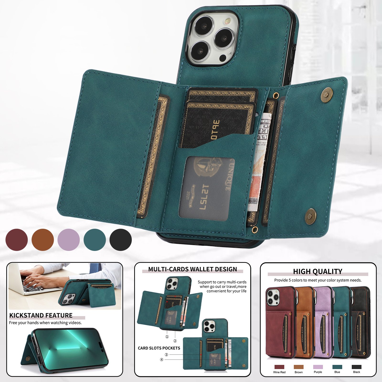 PU Leather Double Magnetic Clasp Shockproof Cover for iPhone 15 14 13 12 11 Pro Max Leather Case