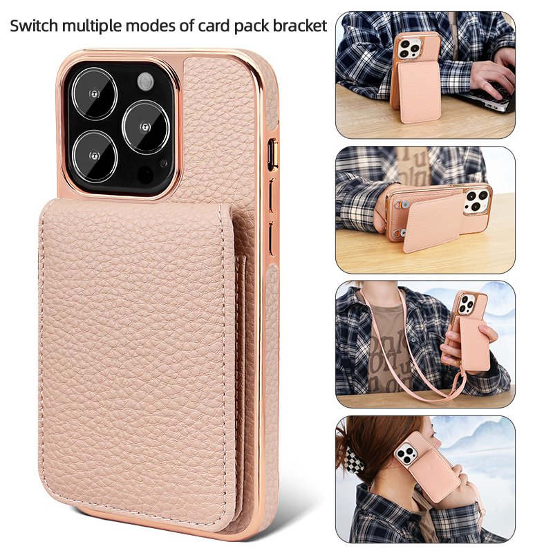 VIETAO Card holder phone case with lanyard for iPhone 15 pro, pebble leather mobile cover with shoulder strap for iPhone 14 13