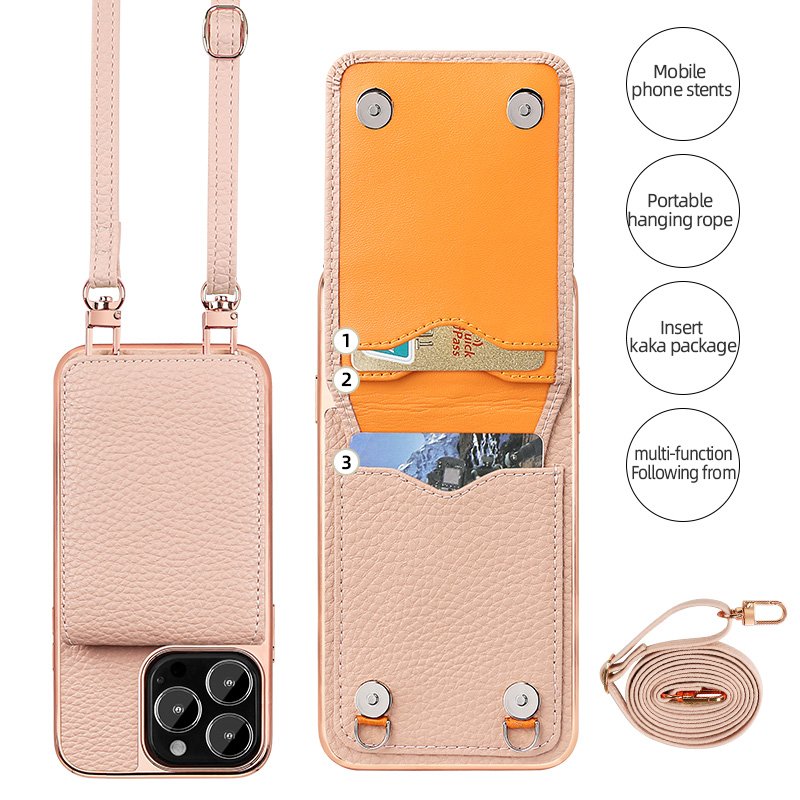 VIETAO Card holder phone case with lanyard for iPhone 15 pro, pebble leather mobile cover with shoulder strap for iPhone 14 13