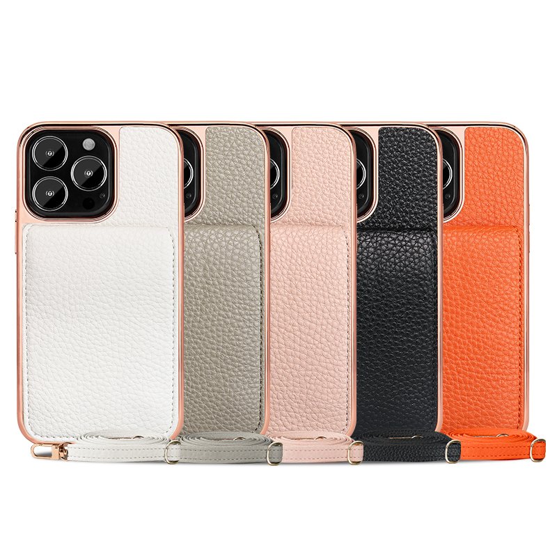 VIETAO Card holder phone case with lanyard for iPhone 15 pro, pebble leather mobile cover with shoulder strap for iPhone 14 13