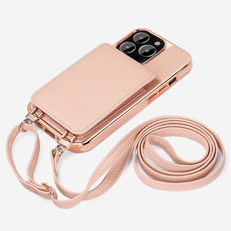 VIETAO Card holder phone case with lanyard for iPhone 15 pro, pebble leather mobile cover with shoulder strap for iPhone 14 13