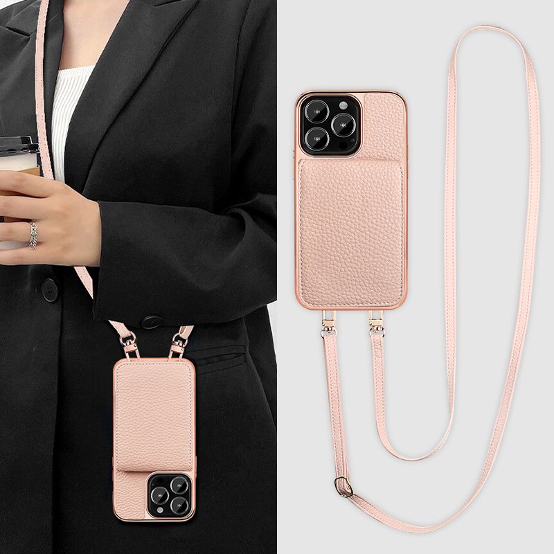 VIETAO Card holder phone case with lanyard for iPhone 15 pro, pebble leather mobile cover with shoulder strap for iPhone 14 13