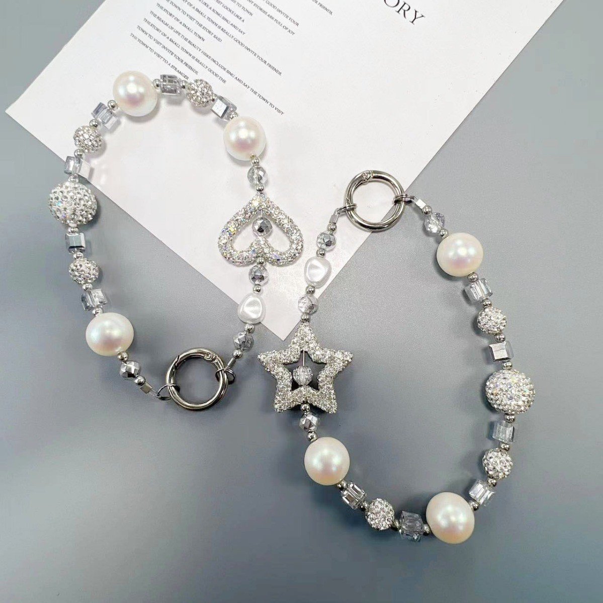 Star Love Portable Hanging Cord Bag Keychain Bling pearl Beads Anti-lost Mobile Phone Strap Handmade Earphone diamond lanyard