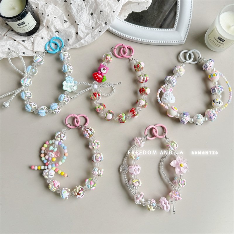 Summer Fresh Mobile Phone Lanyard Short Wrist Pendant Cartoon Graffiti Keychain Candy Key Chain Hanging Strap Camera Pendant