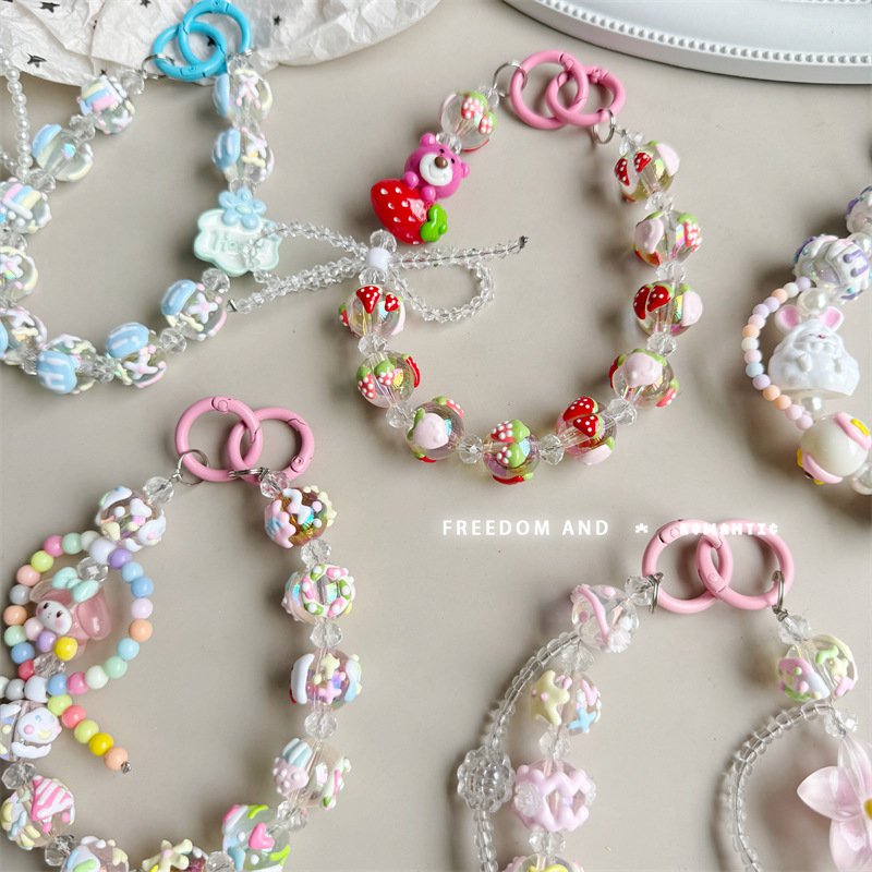 Summer Fresh Mobile Phone Lanyard Short Wrist Pendant Cartoon Graffiti Keychain Candy Key Chain Hanging Strap Camera Pendant