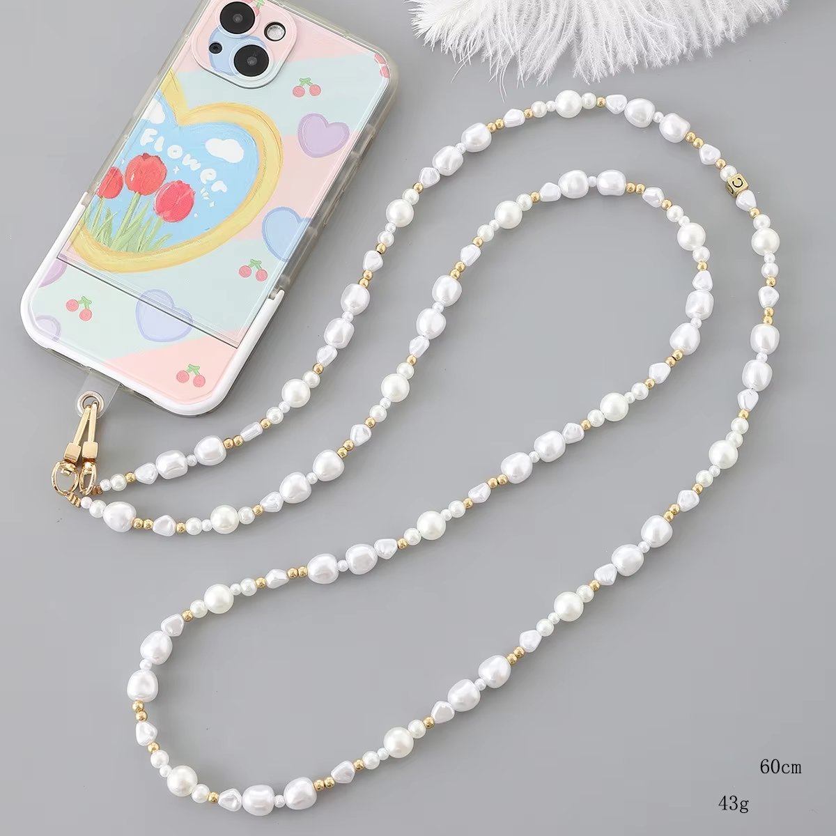 Ins Fashion Gold Balls Irregular Pearl Mobile Phone Hanging Strap Long Lanyard Love Silver Beads Phone Crossbody Necklace