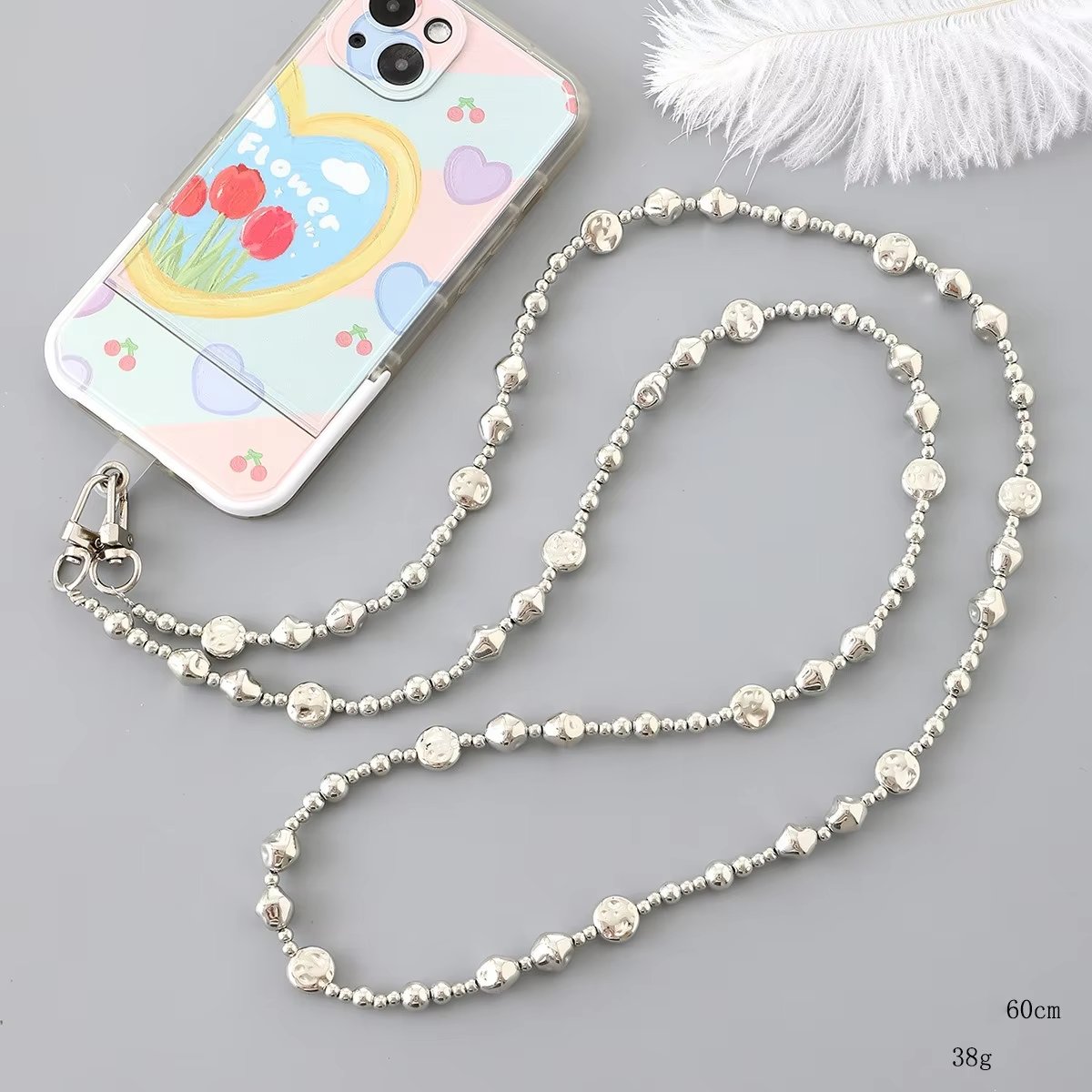 Ins Fashion Gold Balls Irregular Pearl Mobile Phone Hanging Strap Long Lanyard Love Silver Beads Phone Crossbody Necklace