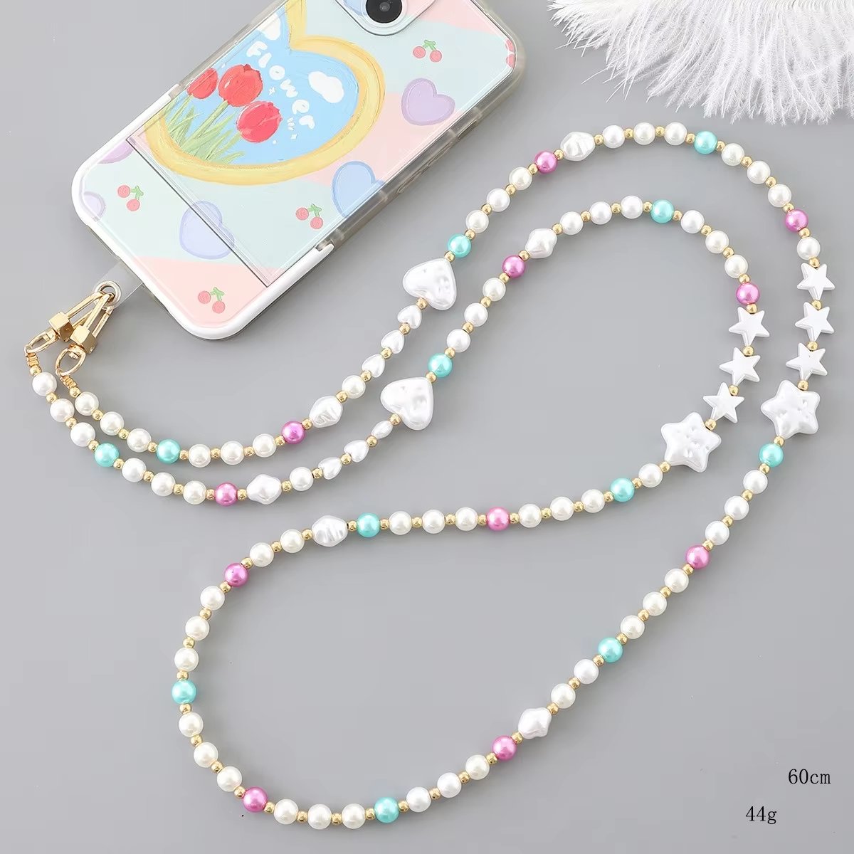 Ins Fashion Gold Balls Irregular Pearl Mobile Phone Hanging Strap Long Lanyard Love Silver Beads Phone Crossbody Necklace