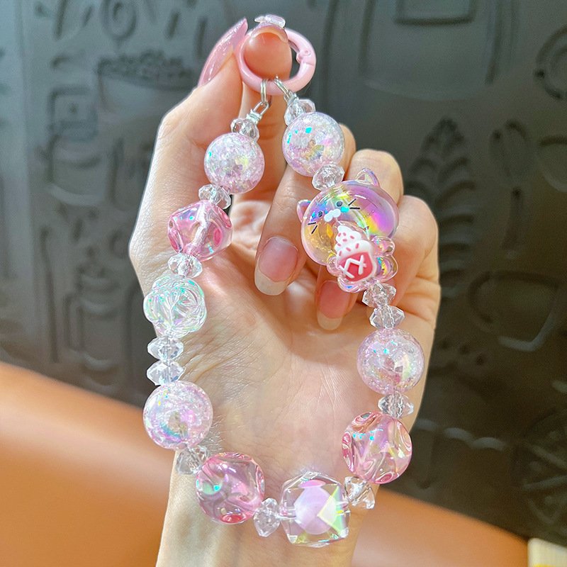 2024 Hot Selling Korean Version Ins Style Mobile Phone Chain Creative Beaded Grip Wrist Strap UV Crystal Cellphone Chains