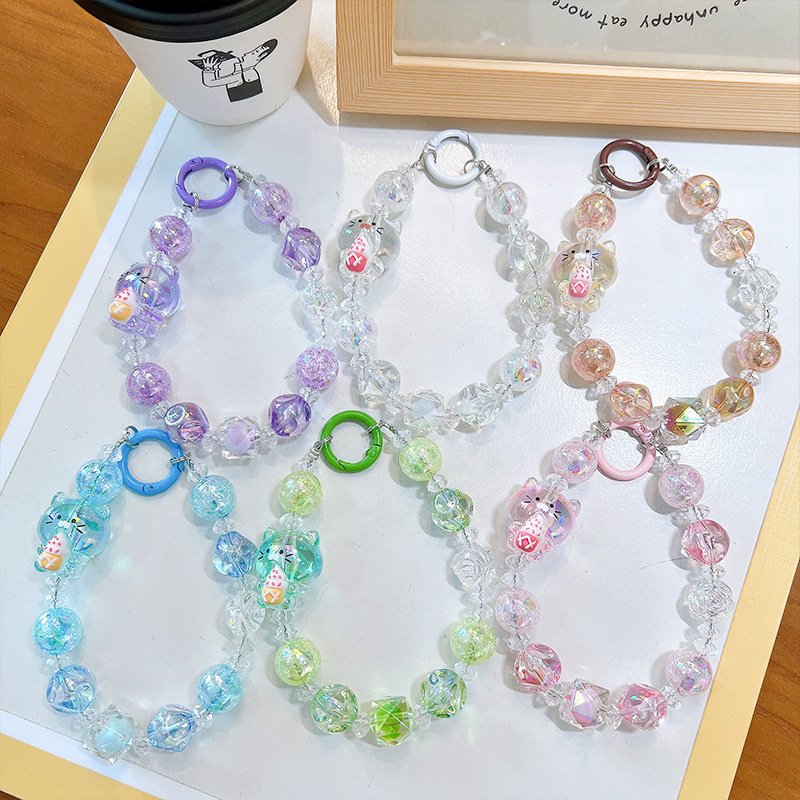 2024 Hot Selling Korean Version Ins Style Mobile Phone Chain Creative Beaded Grip Wrist Strap UV Crystal Cellphone Chains