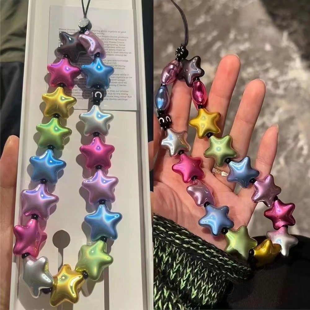 Colourful Acrylic Phone Lanyard Cute Star Mobile Charm Accessories Anti-lost Phone Strap Beads Key Chain