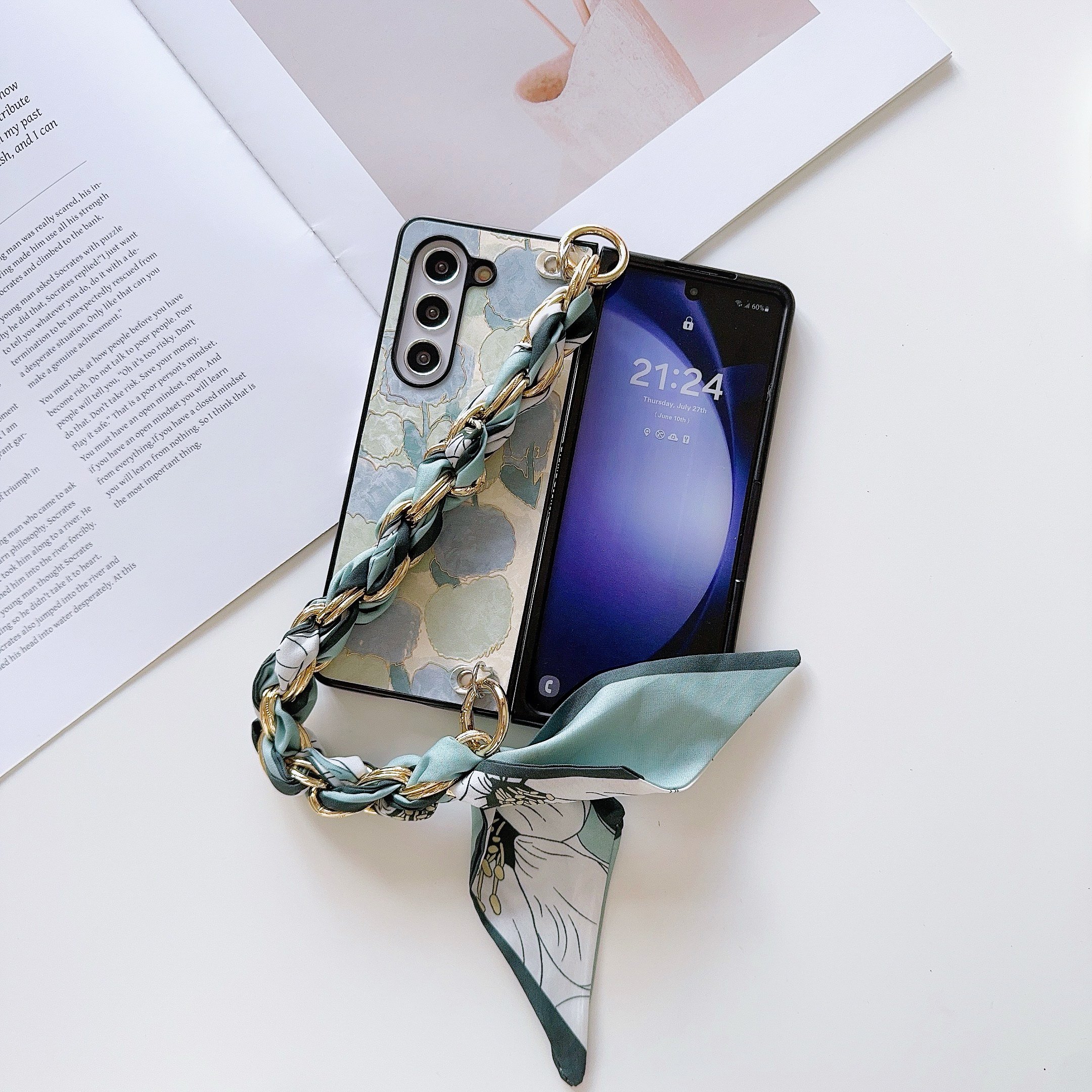 Tulip Violet Flower Mobile Phone Cases with Silk Scarf Hand Band for Samsung Galaxy Z Fold 6 5 4 3 vivo XFold Xiaomi Fold 2 3