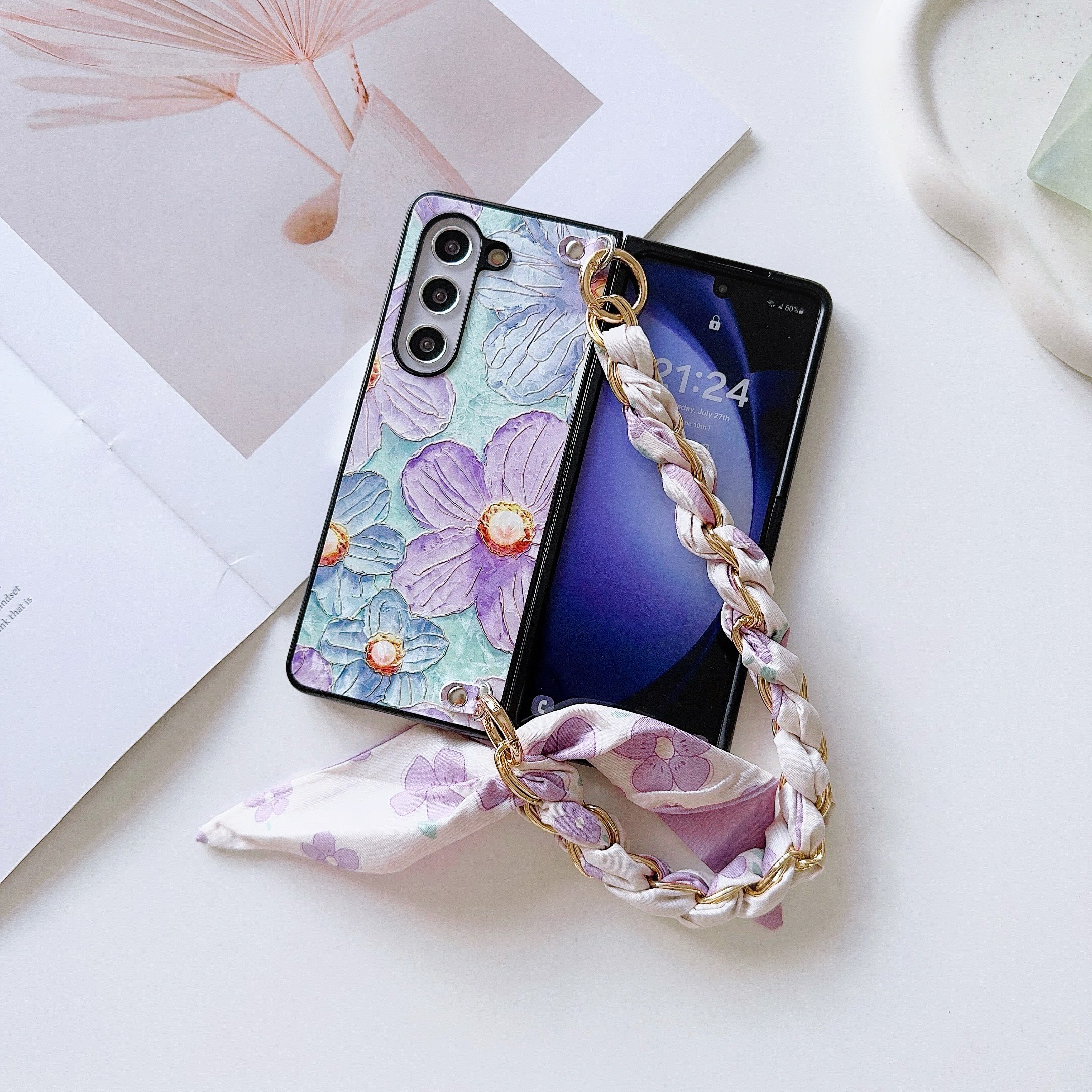 Tulip Violet Flower Mobile Phone Cases with Silk Scarf Hand Band for Samsung Galaxy Z Fold 6 5 4 3 vivo XFold Xiaomi Fold 2 3