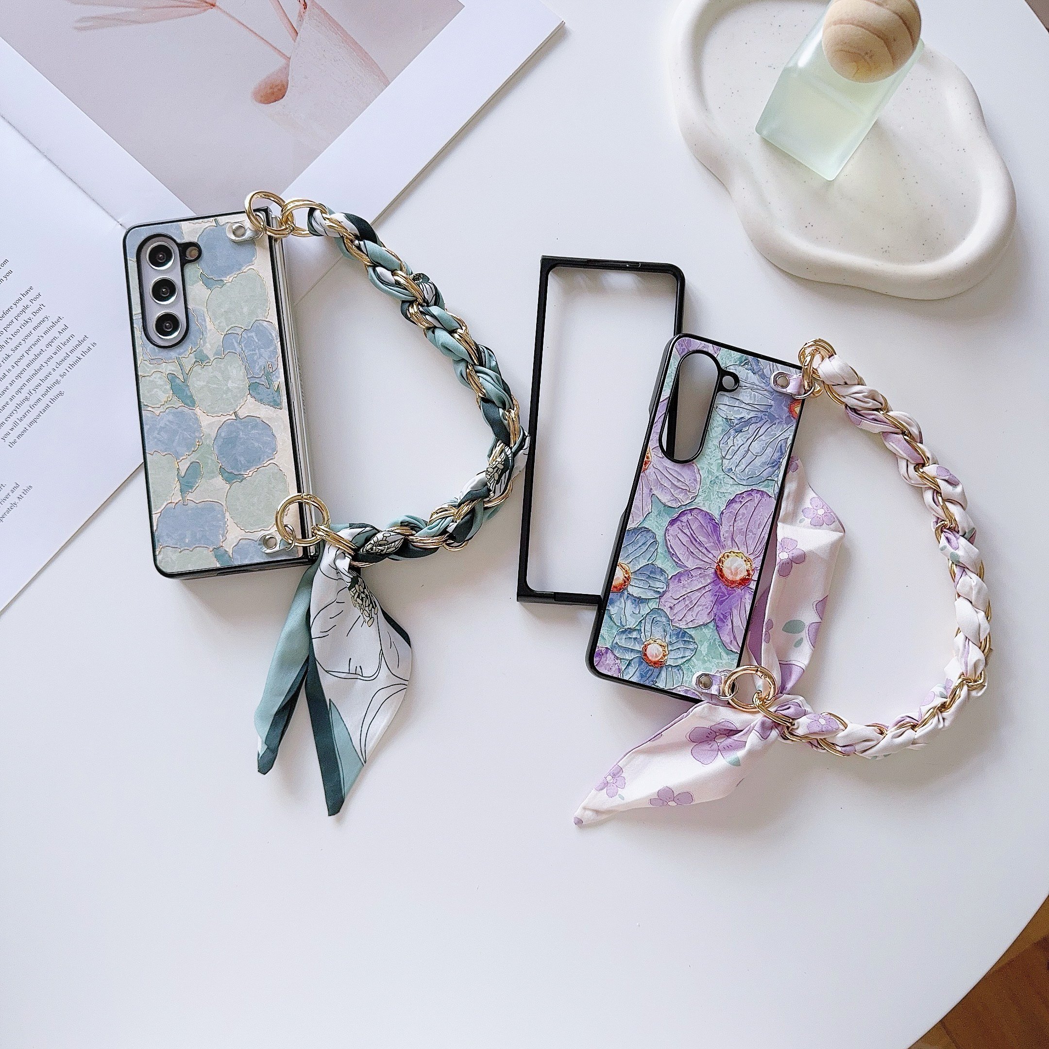 Tulip Violet Flower Mobile Phone Cases with Silk Scarf Hand Band for Samsung Galaxy Z Fold 6 5 4 3 vivo XFold Xiaomi Fold 2 3