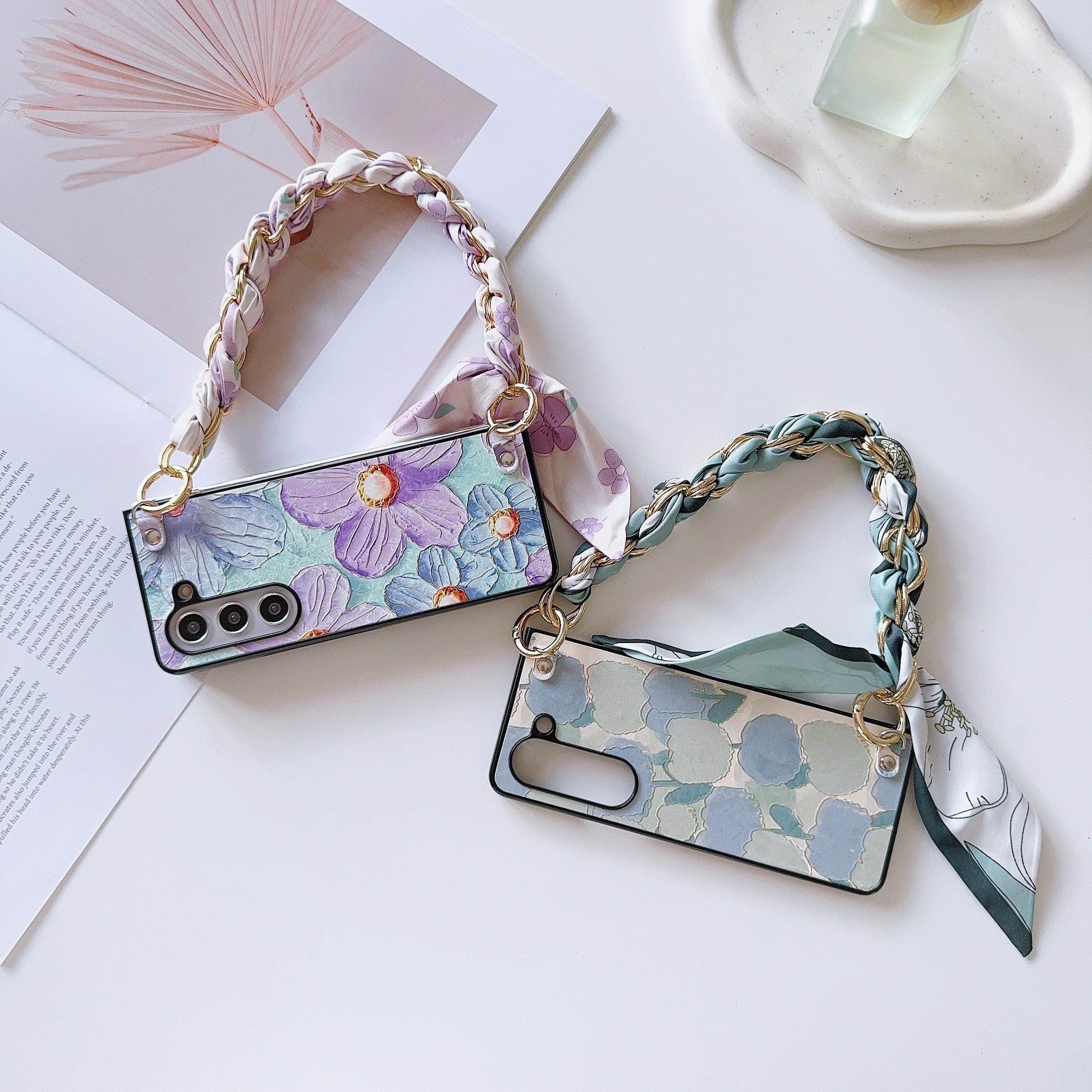 Tulip Violet Flower Mobile Phone Cases with Silk Scarf Hand Band for Samsung Galaxy Z Fold 6 5 4 3 vivo XFold Xiaomi Fold 2 3