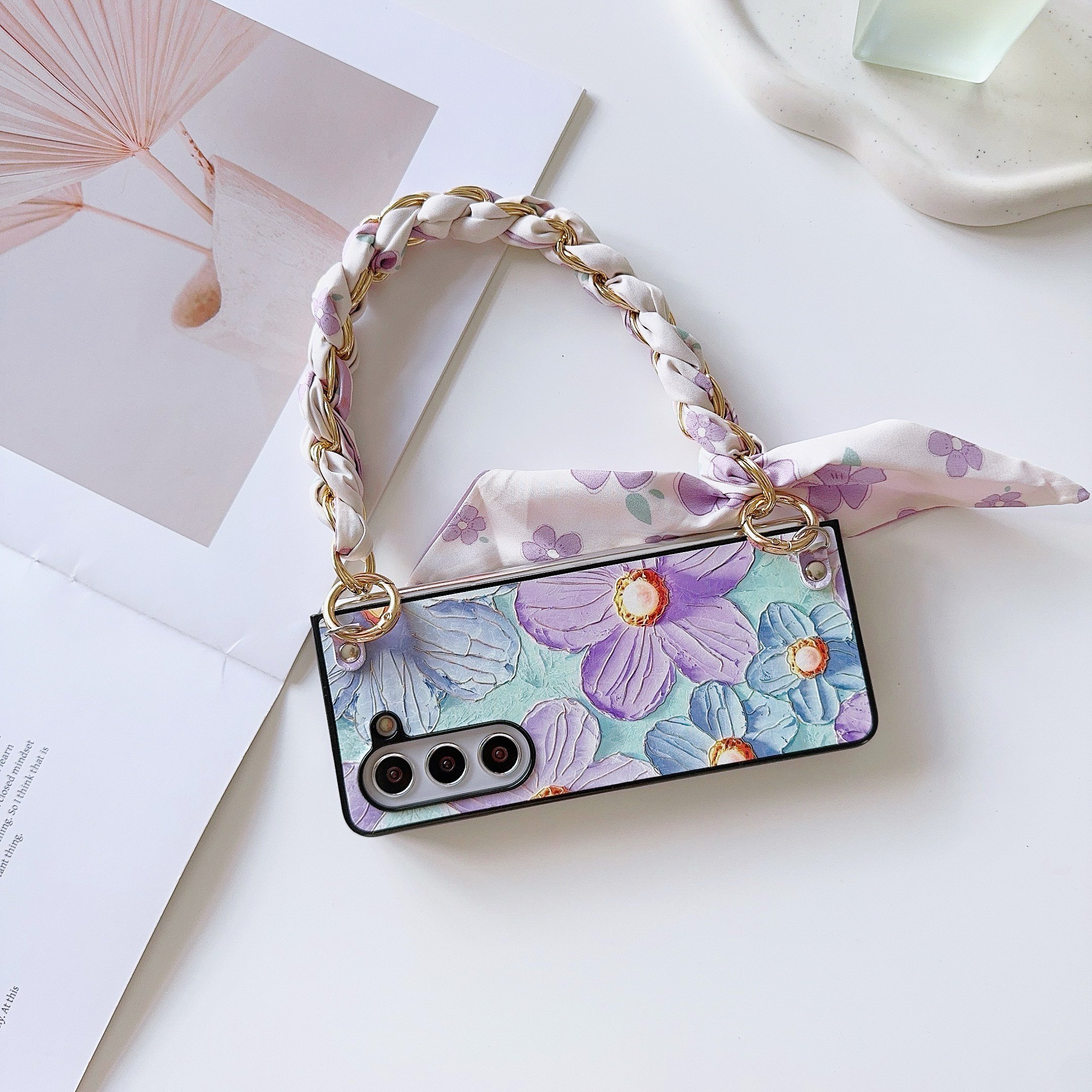 Tulip Violet Flower Mobile Phone Cases with Silk Scarf Hand Band for Samsung Galaxy Z Fold 6 5 4 3 vivo XFold Xiaomi Fold 2 3