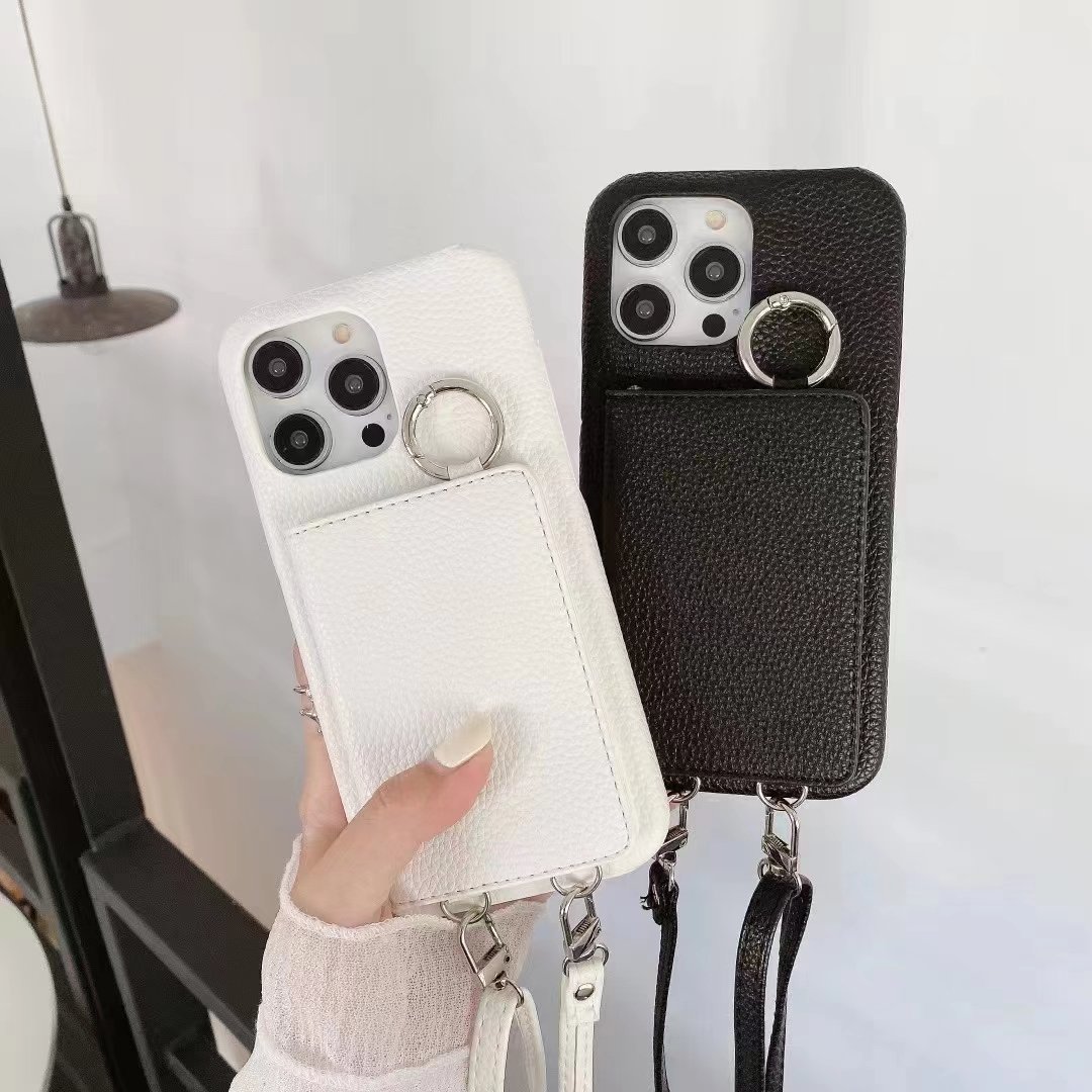 Top for Iphone 13pro Mobile Cell Phone Cover Luxury Lanyard Mirror Design Full Grain Pu Leather Phone Case with Card Holder