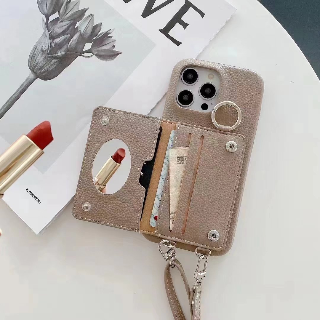 Top for Iphone 13pro Mobile Cell Phone Cover Luxury Lanyard Mirror Design Full Grain Pu Leather Phone Case with Card Holder