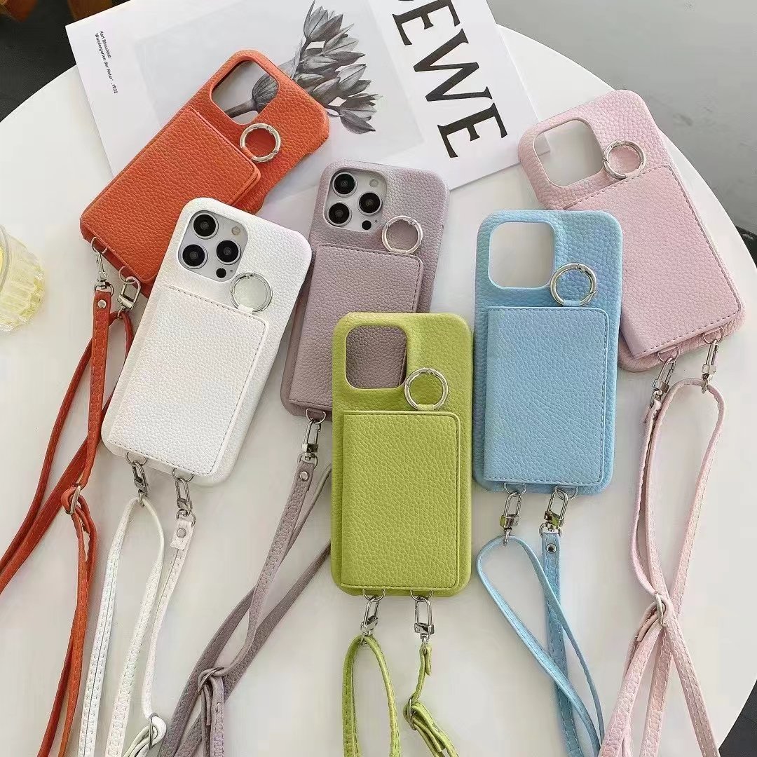 Top for Iphone 13pro Mobile Cell Phone Cover Luxury Lanyard Mirror Design Full Grain Pu Leather Phone Case with Card Holder