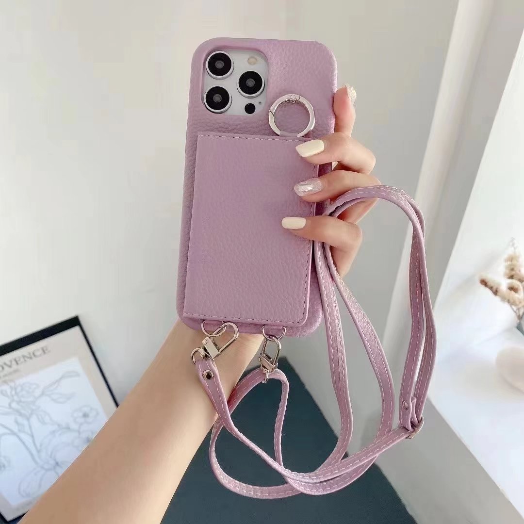 Top for Iphone 13pro Mobile Cell Phone Cover Luxury Lanyard Mirror Design Full Grain Pu Leather Phone Case with Card Holder