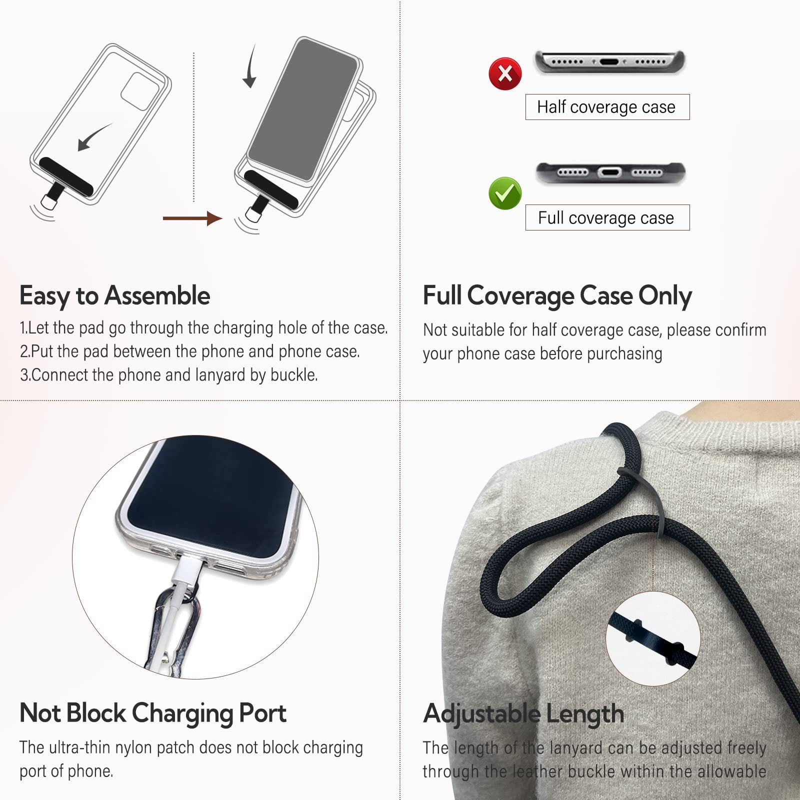 Women Universal Crossbody Necklace 8mm Nylon Cell Mobile Phone Rope Charm Strap Lanyard with patches for mobile Phones