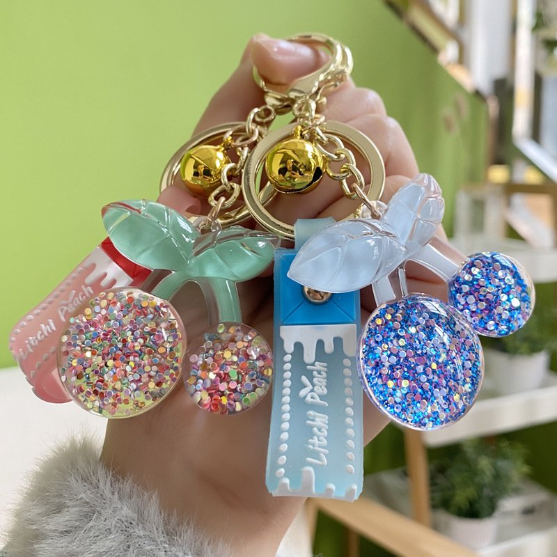 Luxury diamond cherries Keychain Crystal Sequin Acrylic Key chains Woman Bag Pendant cherry charms Fashion Resin cherry keychain