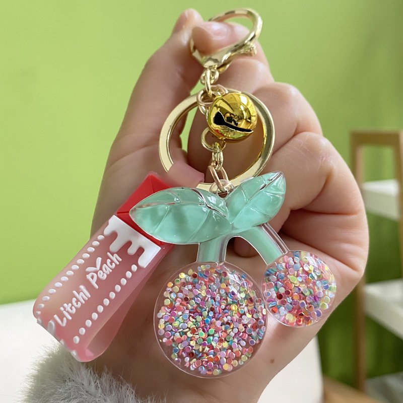 Luxury diamond cherries Keychain Crystal Sequin Acrylic Key chains Woman Bag Pendant cherry charms Fashion Resin cherry keychain