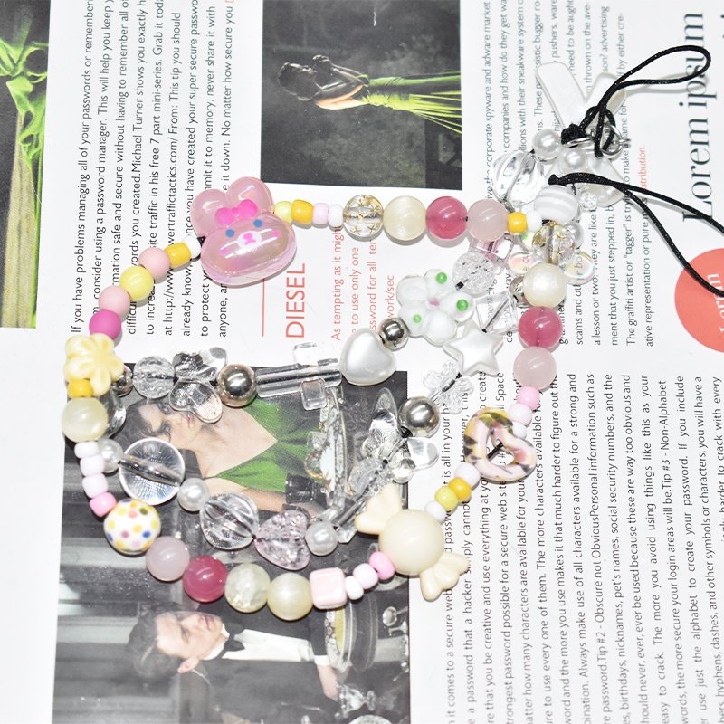 Acrylic Bow Heart Beaded Cellphone Lanyard Colorful Flower Phone Charm Pearl Bracelet Mobile Phone Wrist Strap Anti-Lost Chains