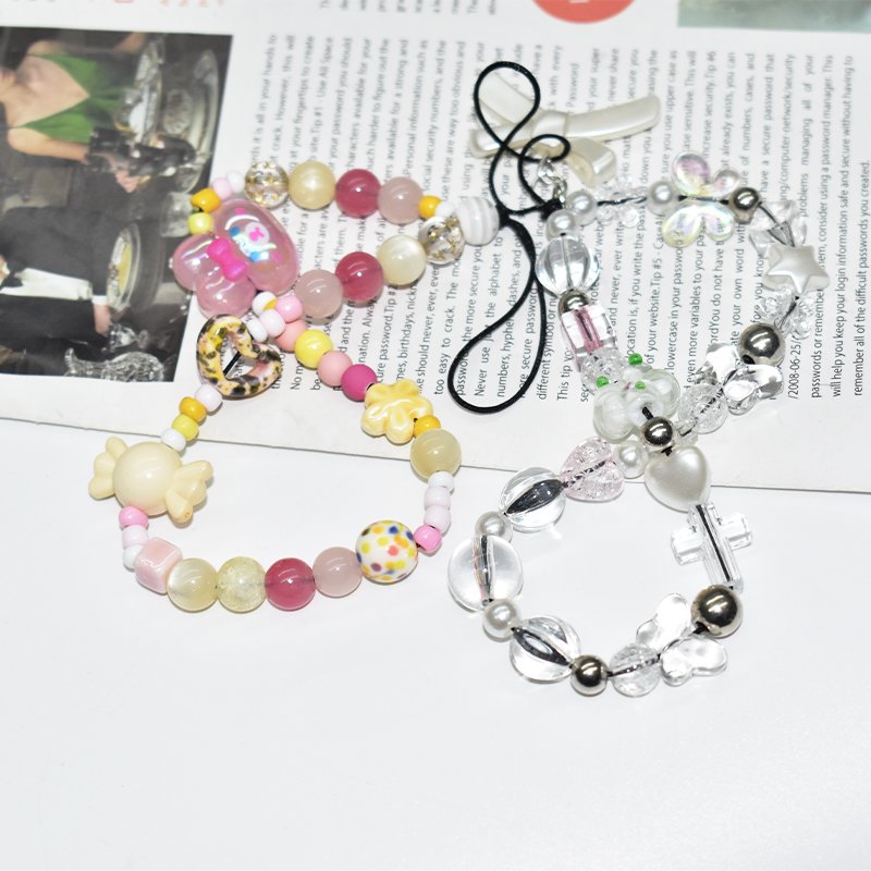 Acrylic Bow Heart Beaded Cellphone Lanyard Colorful Flower Phone Charm Pearl Bracelet Mobile Phone Wrist Strap Anti-Lost Chains