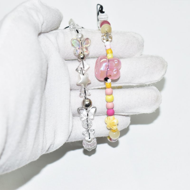 Acrylic Bow Heart Beaded Cellphone Lanyard Colorful Flower Phone Charm Pearl Bracelet Mobile Phone Wrist Strap Anti-Lost Chains