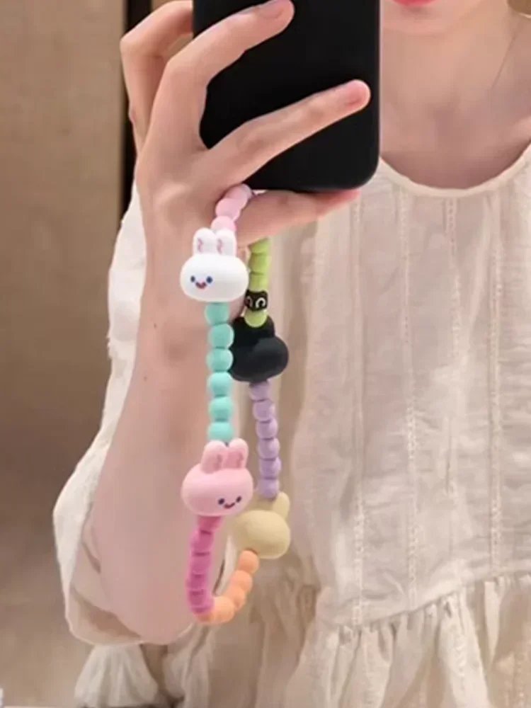 New Rabbit Mobile Phone Chains Strap Sweet Cute Girls Bunny Acrylic Beaded Phone Charms Accessories Chaine Telephone Portable
