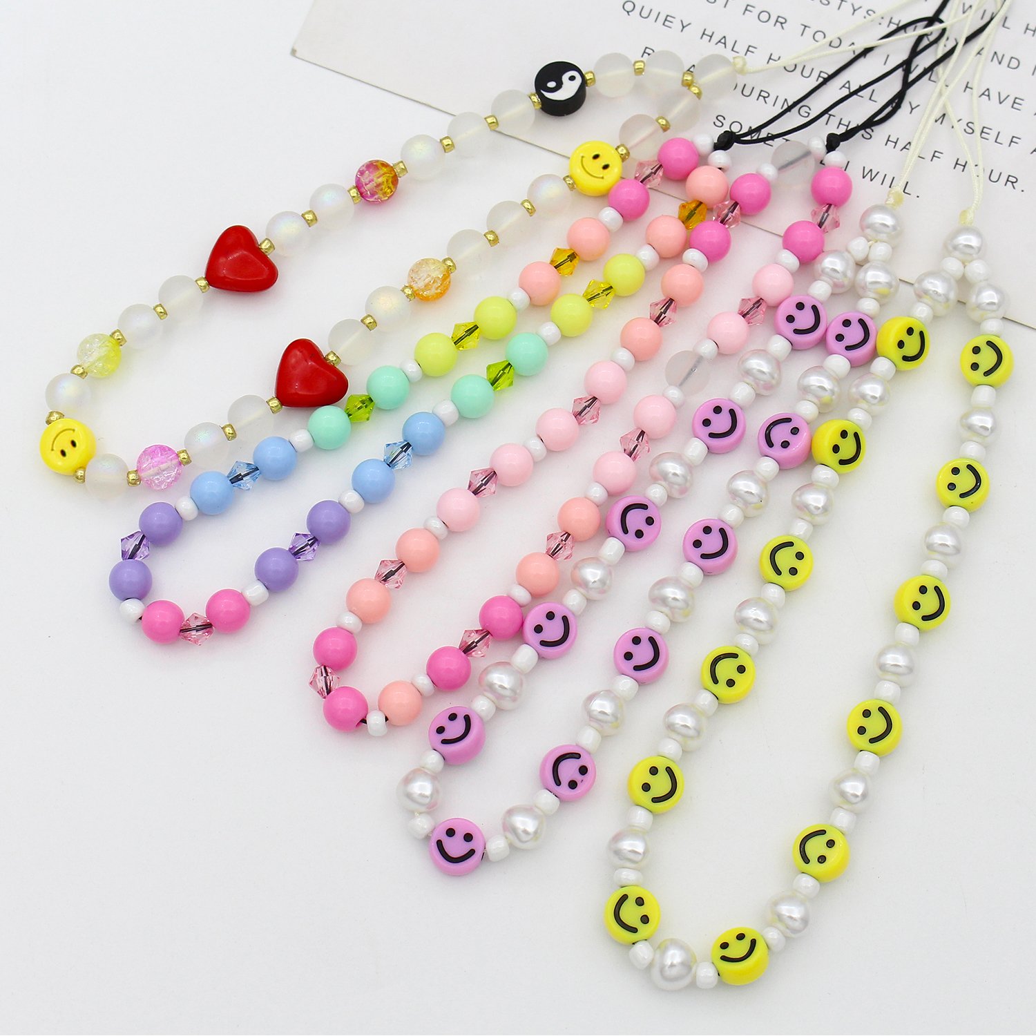 Handmade Custom Colorful Smile love Pearl Beaded Phone Lanyard Wrist Strap Mobile Phone Charm Chain