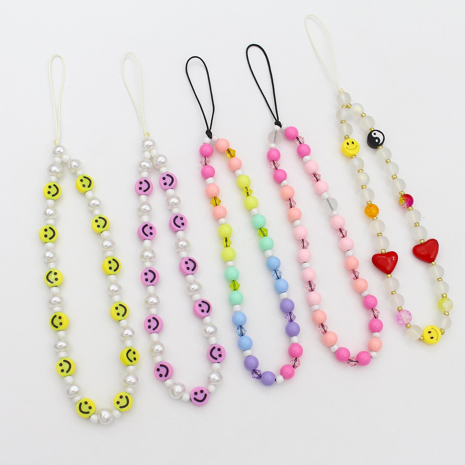 Handmade Custom Colorful Smile love Pearl Beaded Phone Lanyard Wrist Strap Mobile Phone Charm Chain