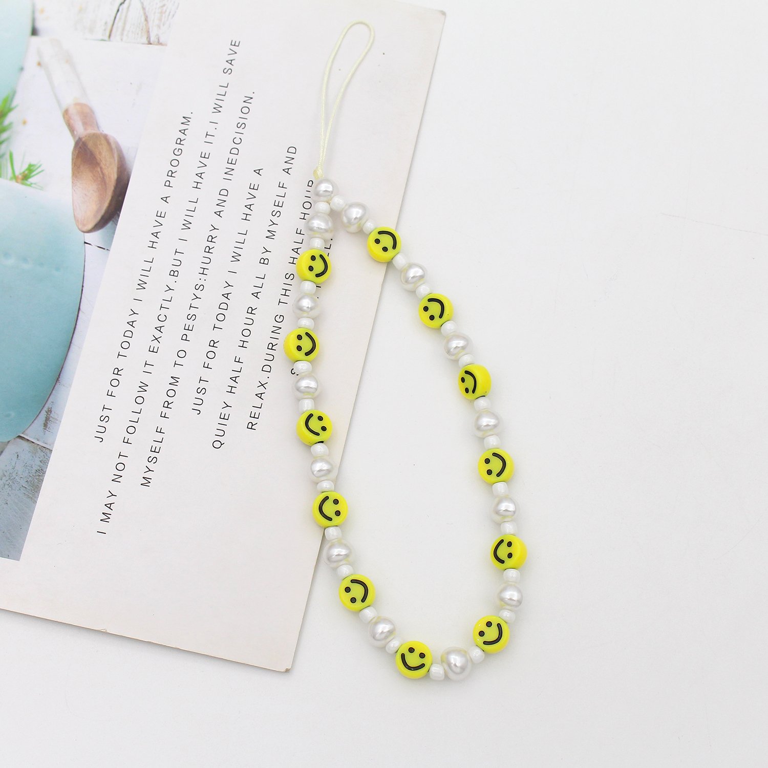Handmade Custom Colorful Smile love Pearl Beaded Phone Lanyard Wrist Strap Mobile Phone Charm Chain