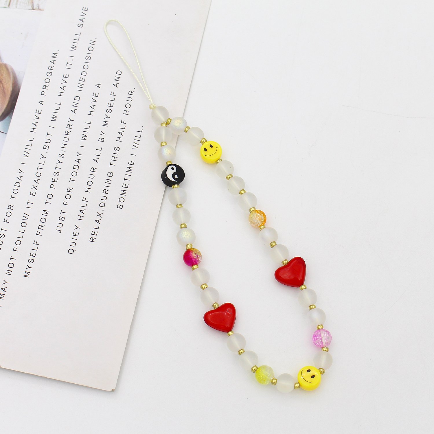 Handmade Custom Colorful Smile love Pearl Beaded Phone Lanyard Wrist Strap Mobile Phone Charm Chain
