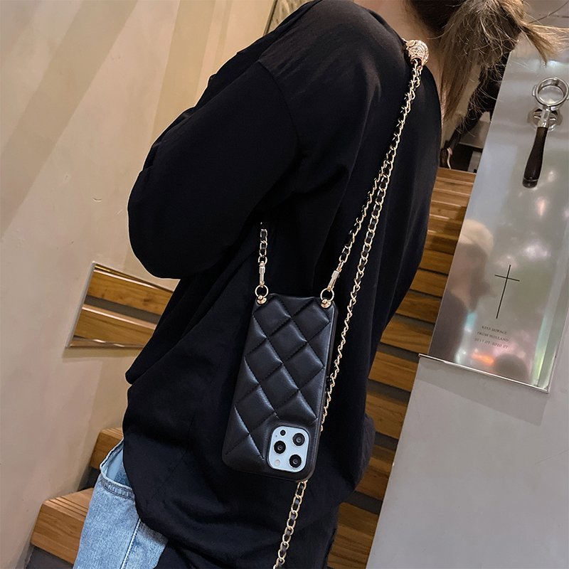 Gold Color Leather Phone Case Crossbody Lanyard Chain Cellphone Case Long Classic Adjustable Mobile Phone Strap Necklace 120cm