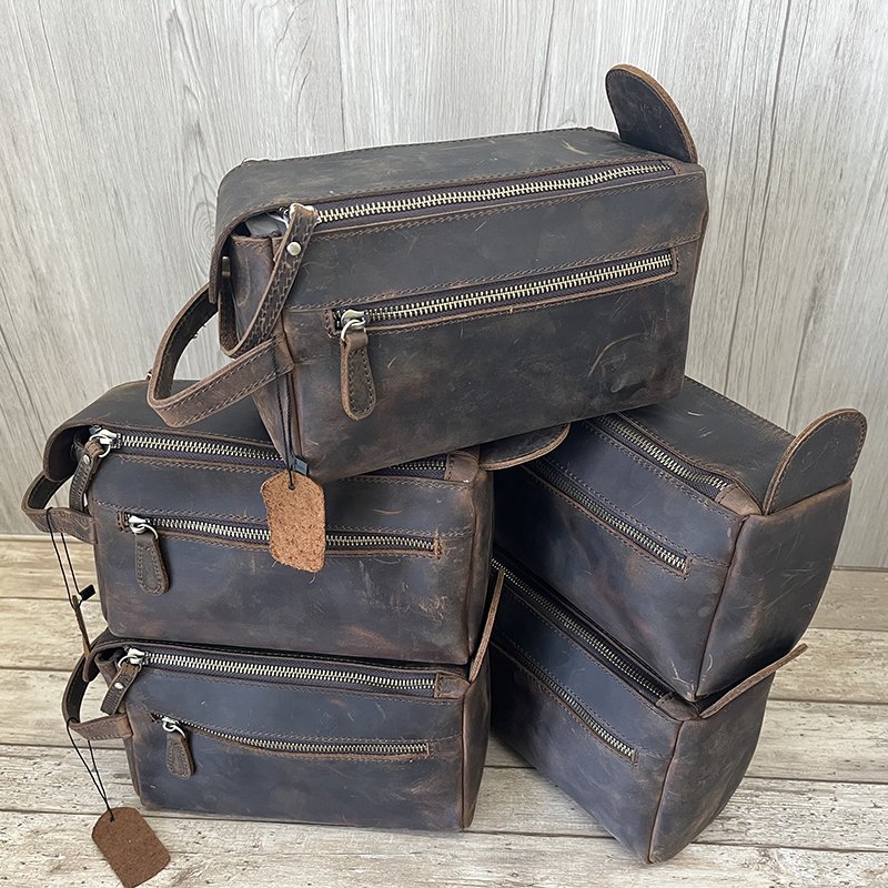 New men's genuine leather dopp bag for men wash bag retro cowhide large capacity mens toiletry bag
