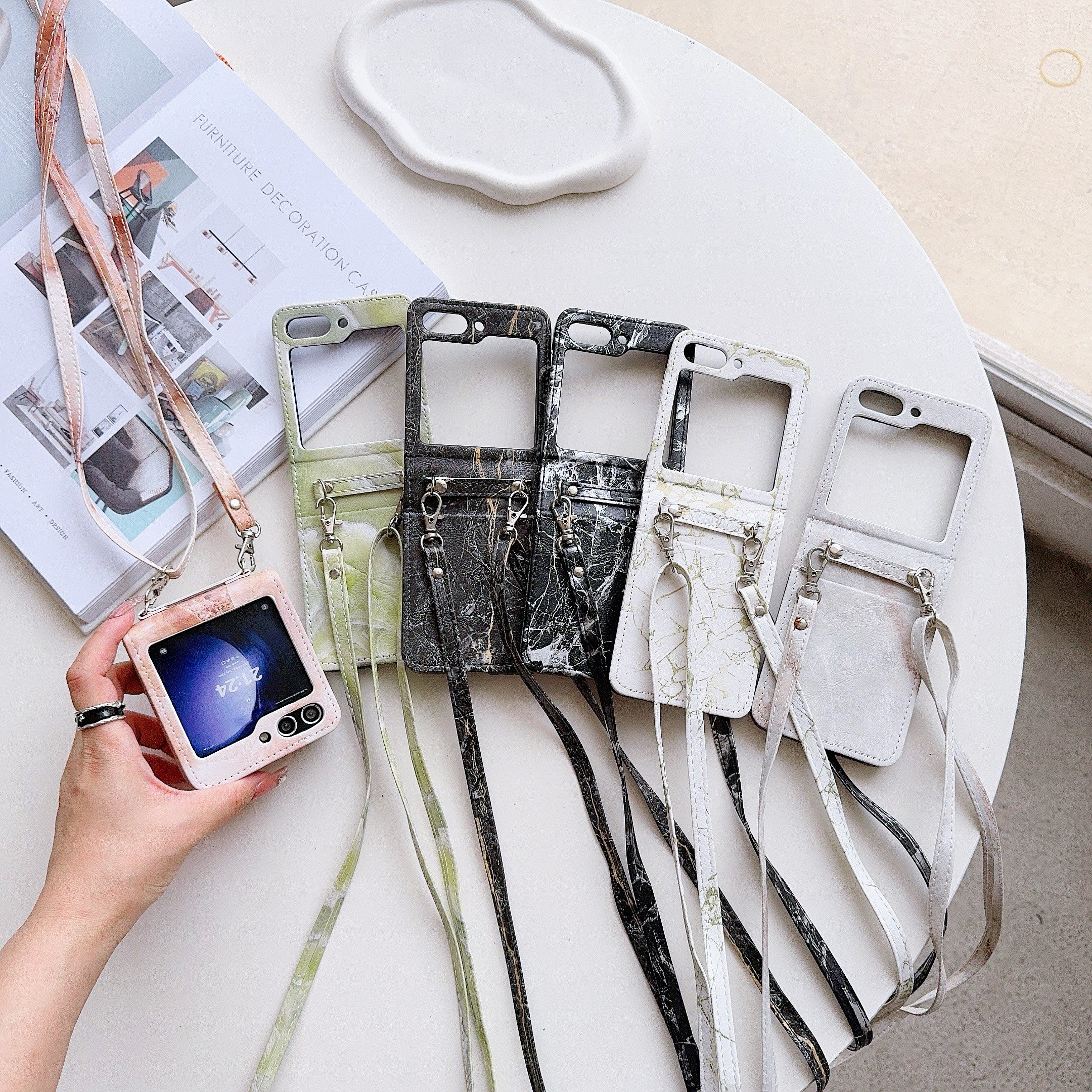 New Folding Phone Case Marble Pattern 4 Colors With The Same Crossbody Strap For Samsung ZFLIP3 ZFLIP4 ZFLIP5